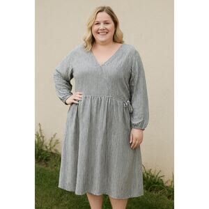 Old Navy 3X Plus Blue White Stripe Cotton Midi Dress Long Sleeve Casual